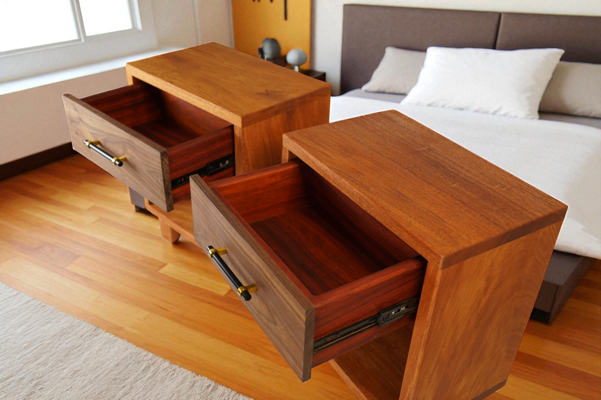 Custom solid wood nightstands with walnut drawer fronts by Garage Mills
