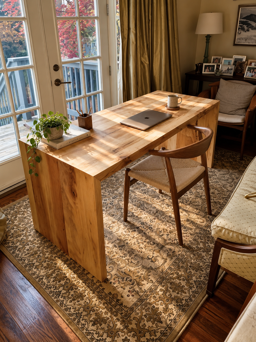 Custom solid wood desk by Garage Mills in a home office