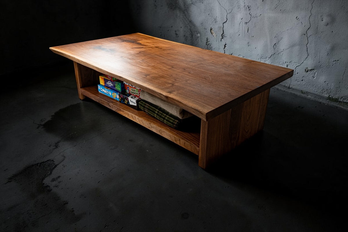 Walnut coffee table with lower storage shelf on a dark studio background