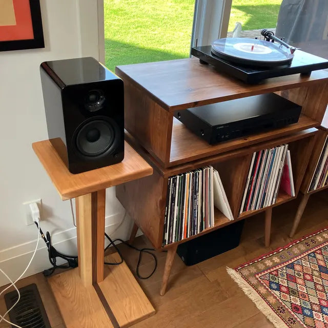 Custom walnut audio furniture and speaker stand by Garage Mills