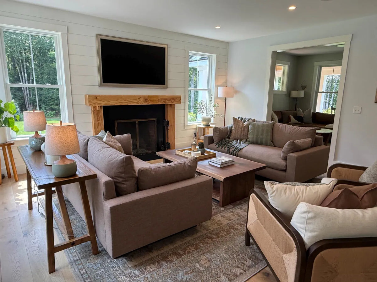 Garage Mills walnut live edge coffee table in a warm furnished living room